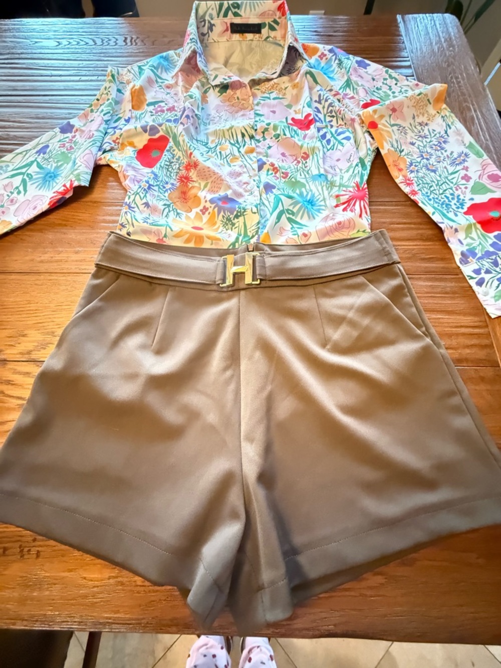 Floral Button-Up satin Blouse with Colorful Garden Print pair with shorts